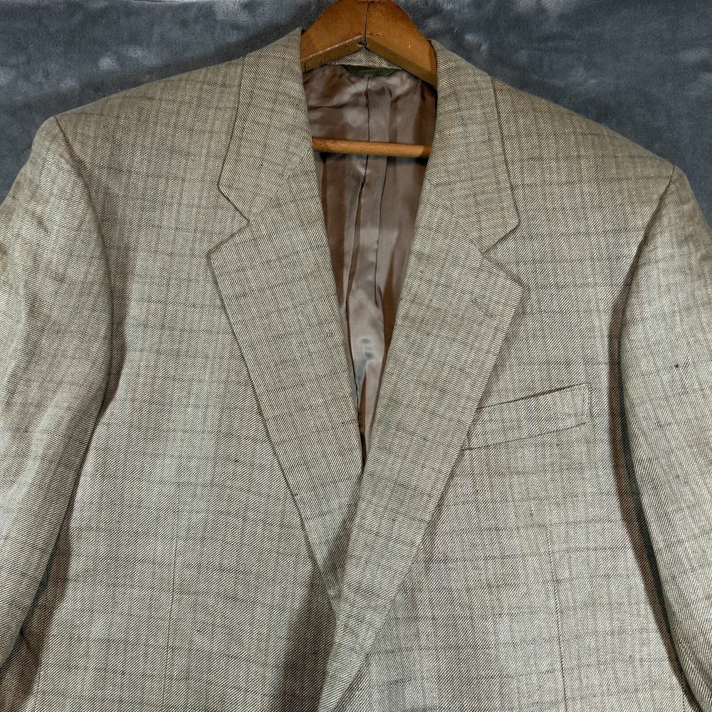 D'Urban Jacket‎ Mens 44 Beige 100% Linen Plaid Sport Coat Blazer Vtg Old Money
